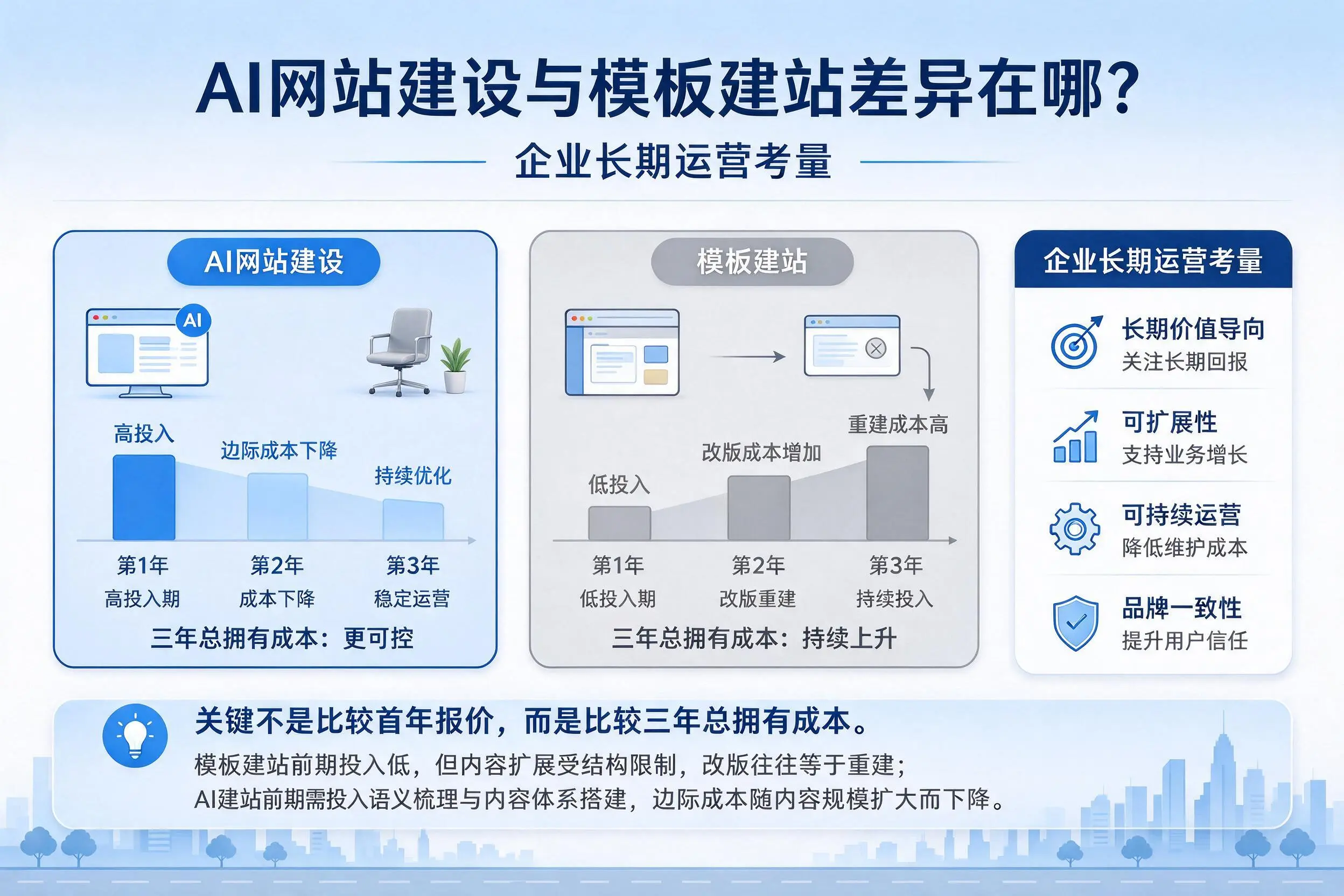 AI网站建设与模板建站差异在哪?潜江企业长期运营考量